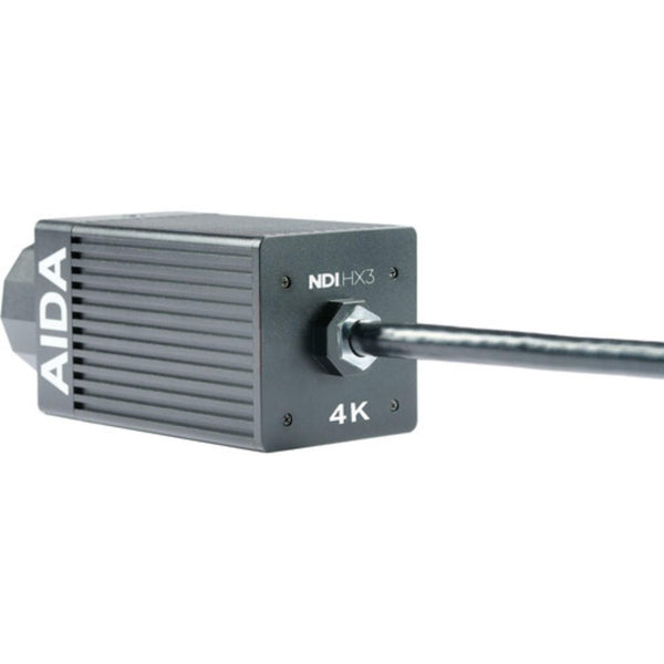 Rear view of AIDA Imaging UHD 4K/60 NDI®|HX3/IP/SRT PoE weatherproof multi-purpose POV camera showing rugged design and multiple ports.