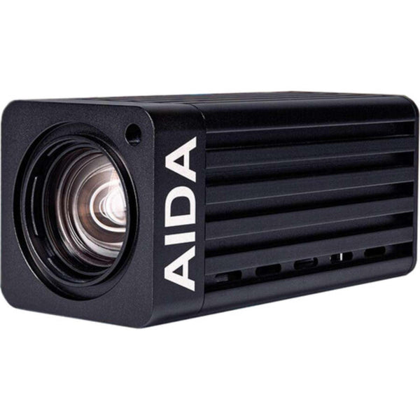 AIDA Imaging 4K 6G-SDI POV camera with 20x optical zoom, side view showing lens and compact design for multi-purpose use