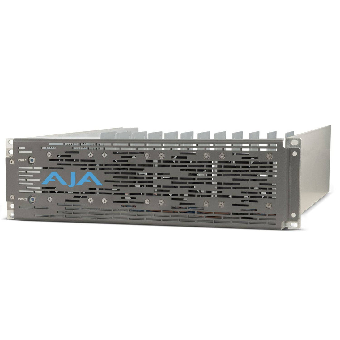 AJA DRM2-PLUS-A1 active 3RU rack shelf frame with single power supply, shown from the side view, in a professional equipment setup. – image 1
