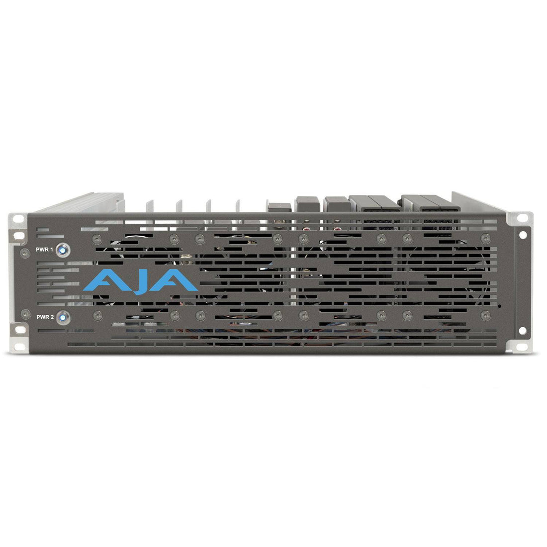 AJA DRM2-PLUS-A1 active 3RU rack shelf frame with single power supply, metal construction, and mounting rails for professional AV equipment. – image 2