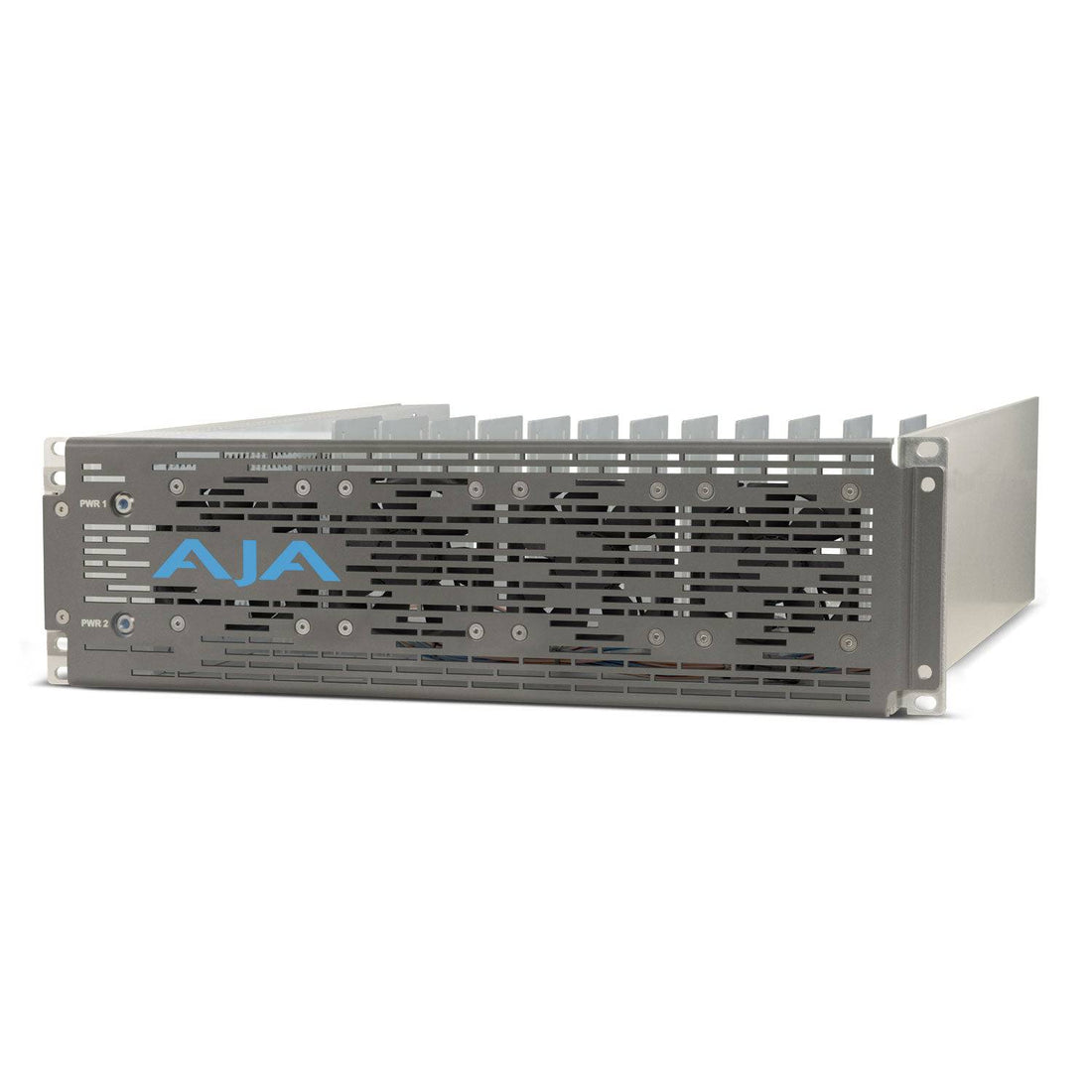 AJA DRM2-PLUS-A2 active 3RU mini-converter frame with redundant power supply mounted on a rack shelf. – image 1