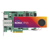 AJA KONA IP25 video capture device shown from the side, featuring professional video input and output ports for live streaming and recording.
