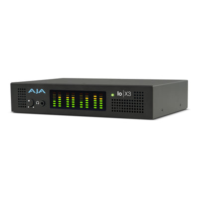 AJA Io X3 multi-channel video capture device with Thunderbolt 3 connection, shown from front left view, used for 2K/HD/SD video I/O.