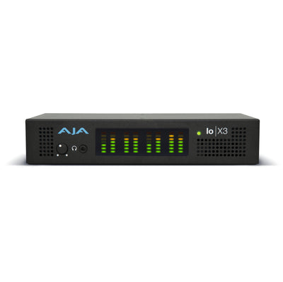 Front view of the AJA Io X3 multi-channel 2K/HD/SD video capture device by Netgear with Thunderbolt 3 connectivity.