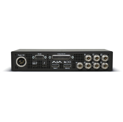 Rear view of Netgear AJA Io X3 multi-channel video capture device with Thunderbolt 3 ports and input/output connectors.
