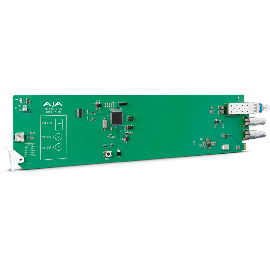 AJA openGear 1-channel 12G-SDI/ST fiber video receiver with front right view, featuring ports and digital display. – image 2