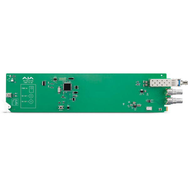 AJA openGear 1-channel 12G-SDI/ST fiber receiver with front view showing ports and interface for high-speed video signal reception. – image 1