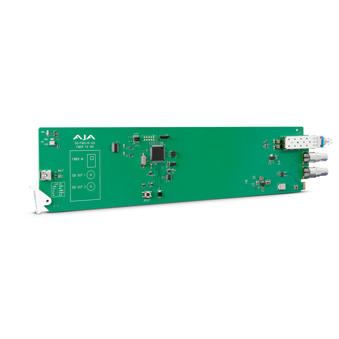 AJA openGear 1-channel 12G-SDI to single mode ST fiber video transmitter front view showing connectors and compact design. – image 1