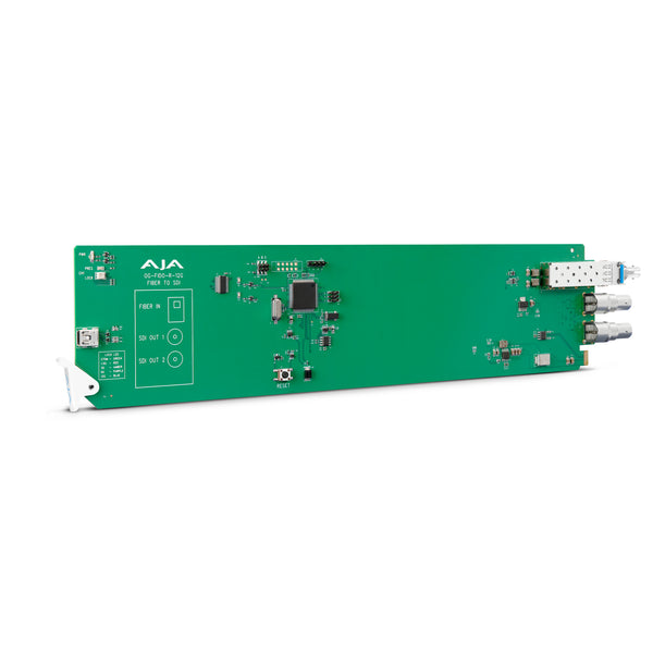 AJA openGear 1-channel 12G-SDI to single mode ST fiber video transmitter front view showing connectors and compact design. – image 1