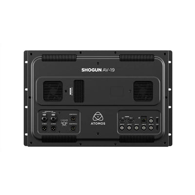 Atomos Shogun AV-19 rackmount 4K HDR monitor recorder switcher with multiple input ports and control buttons.