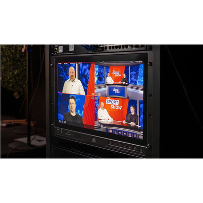 Atomos Shogun AV-19 rackmount 4K HDR monitor recorder switcher with multiple input ports and control buttons.