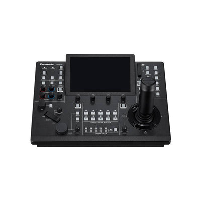 Panasonic AW-RP150 touchscreen remote camera controller for PTZ cameras, featuring a large display and control buttons.