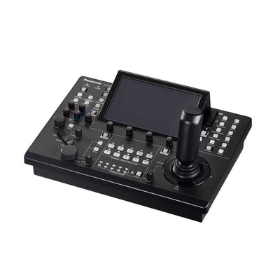 Panasonic AW-RP150 touchscreen remote camera controller with right-angle view, used for PTZ camera operation.