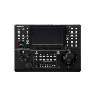 Panasonic AW-RP150 touchscreen remote camera controller with multiple control buttons and ergonomic design for PTZ camera operation.