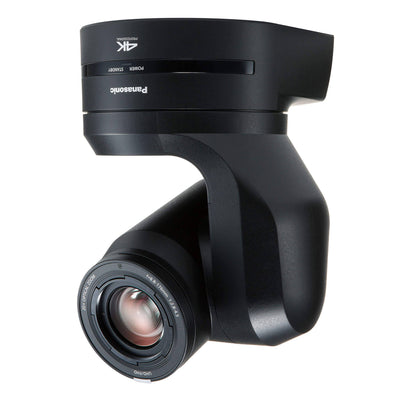 Panasonic AW-UE150AKPJ UHD 4K 20x PTZ camera mounted on ceiling, black professional video camera with remote zoom and pan features.