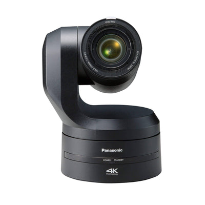 Panasonic AW-UE150AKPJ UHD 4K 20x PTZ camera in black, front view showcasing lens and camera body features