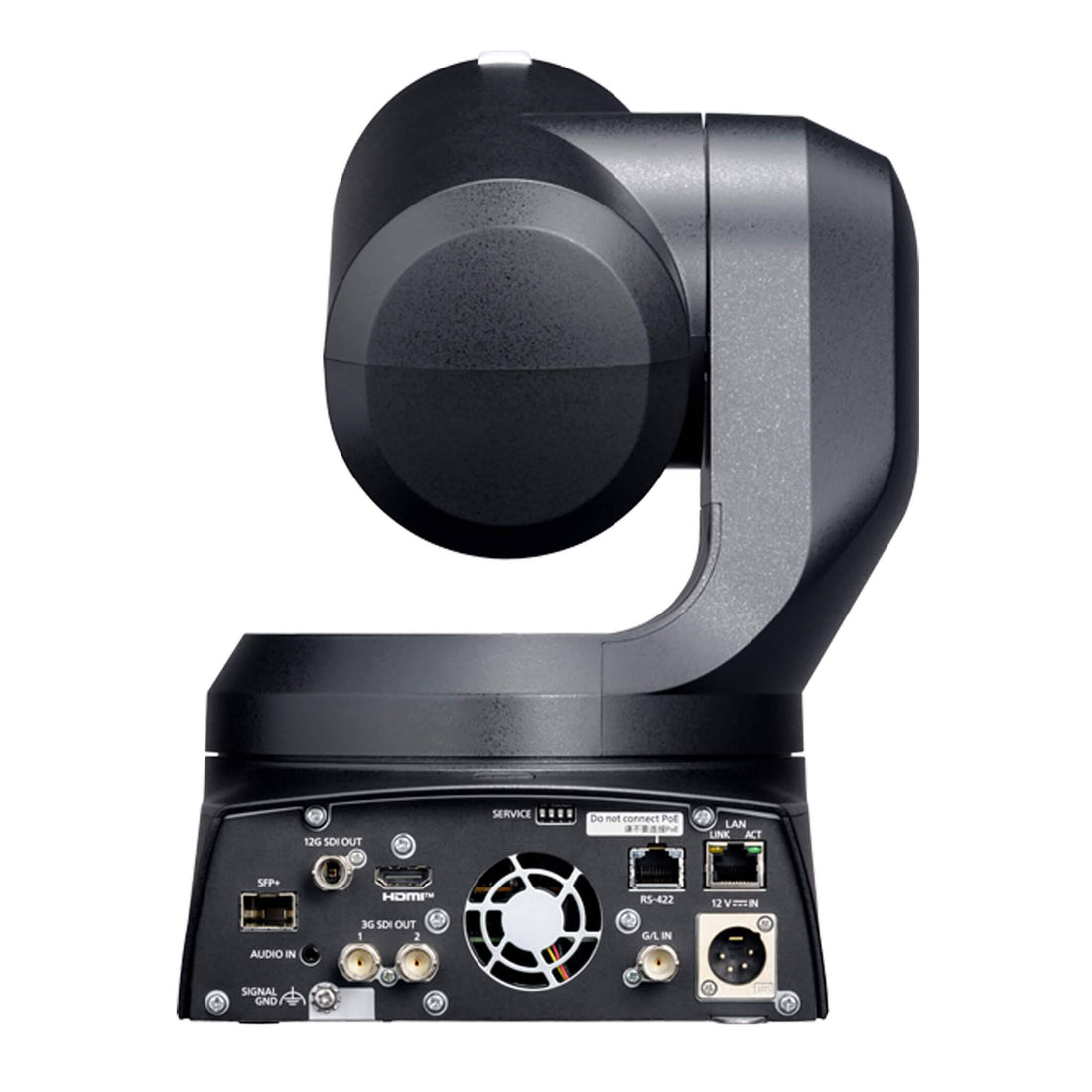 Rear view of the Panasonic AW-UE150AKPJ UHD 4K 20x PTZ camera in black, showing connection ports and controls. – image 6