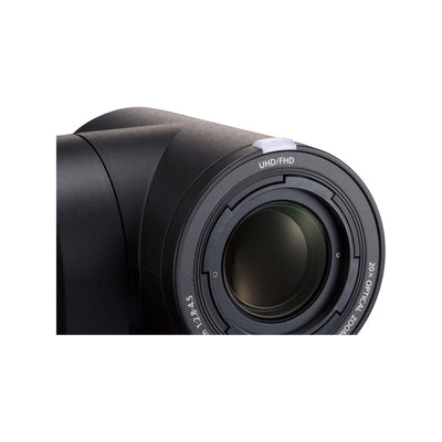 Panasonic AW-UE150AKPJ UHD 4K 20x PTZ Camera in black, showing the camera's sleek design and control features.