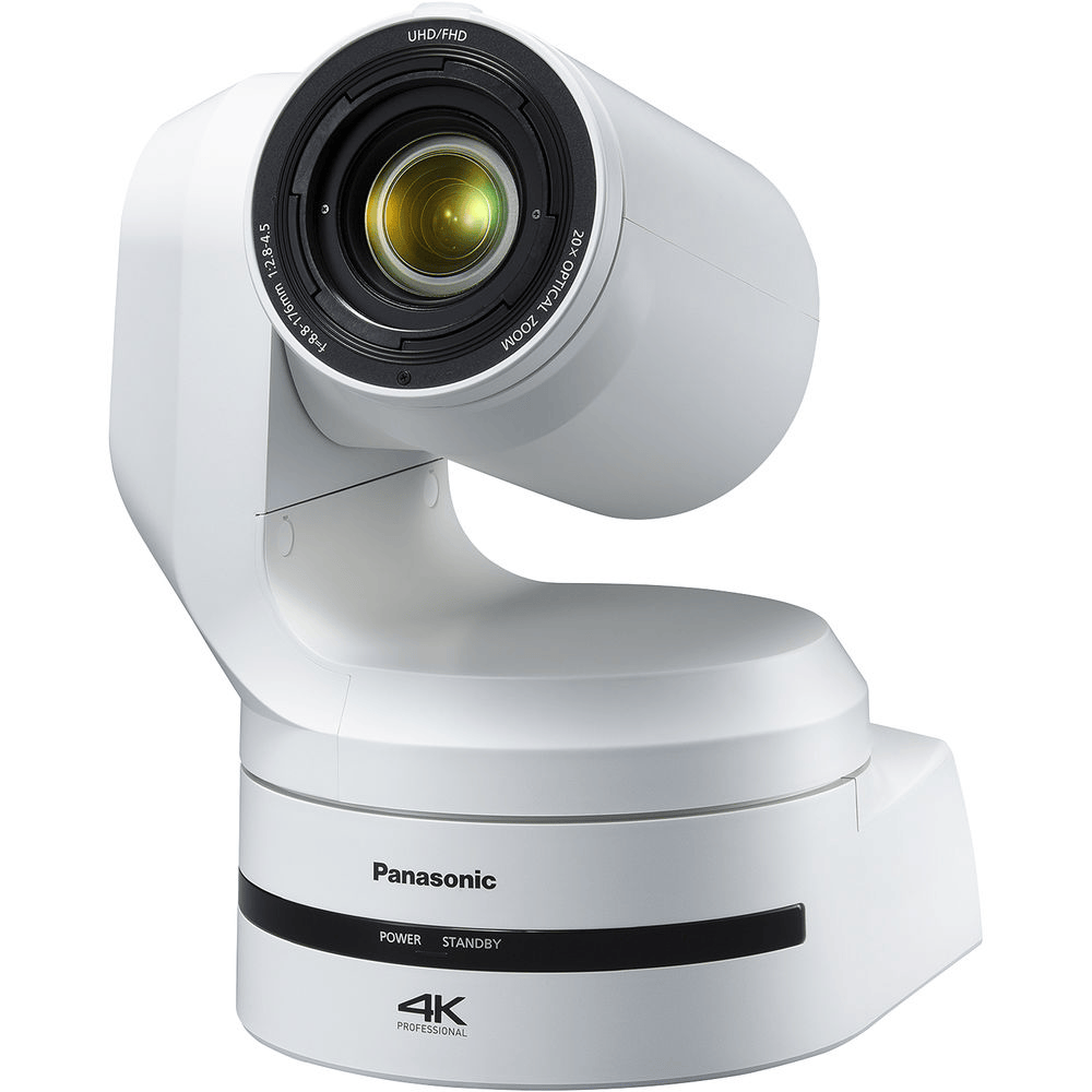 Panasonic AW-UE150A UHD 4K 20x PTZ camera in white, showing close-up of lens and camera body with mounting options – image 4