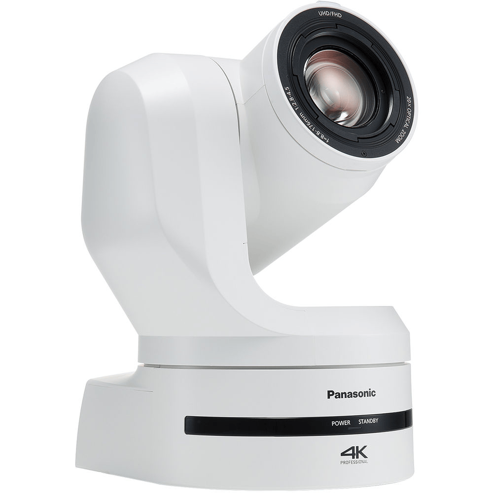 Panasonic AW-UE150A UHD 4K 20x PTZ camera in white, front-up view showing lens and control panel – image 7
