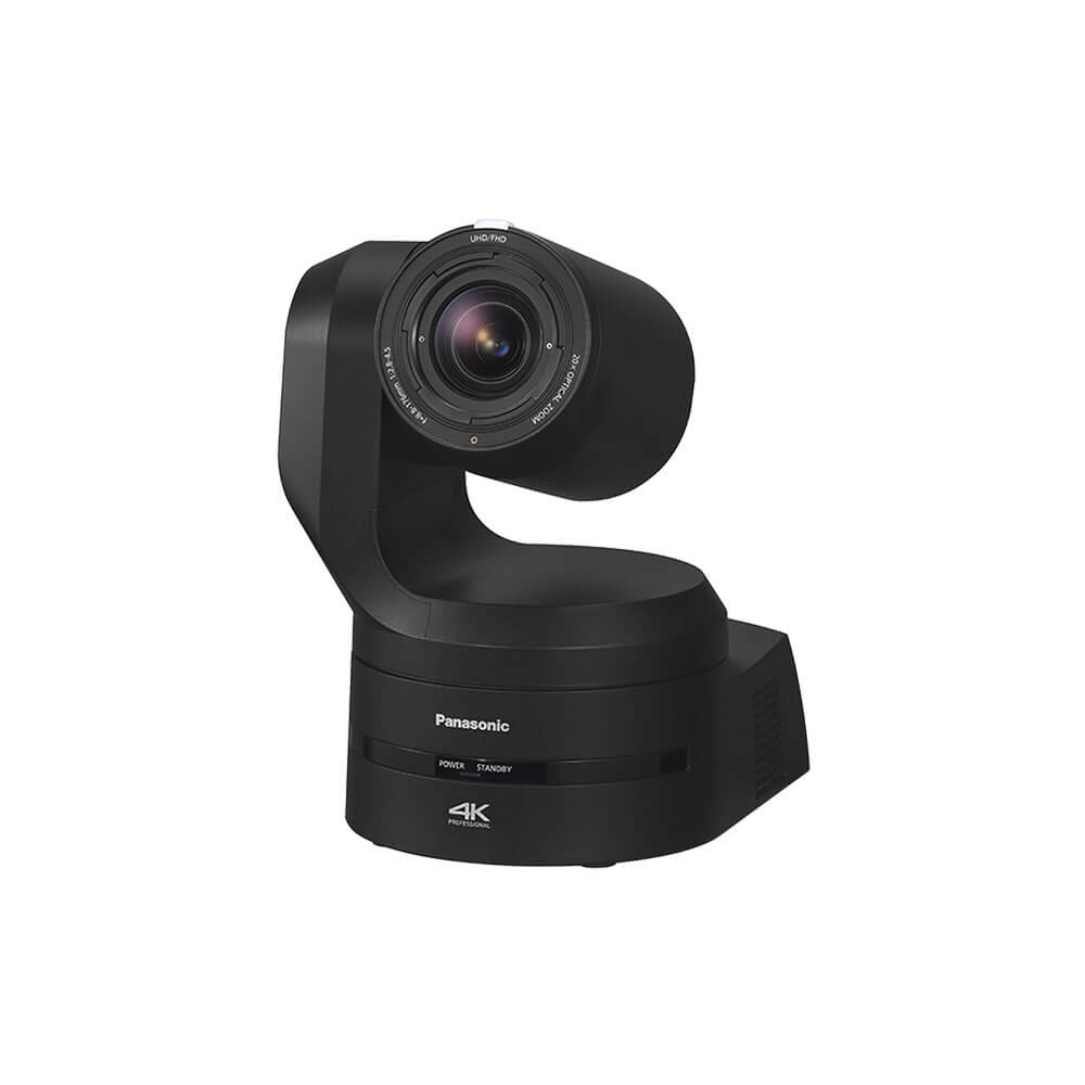 Panasonic AW-UE160 UHD 4K 20x PTZ camera in black, showing adjustable lens and camera body with control buttons. – image 1