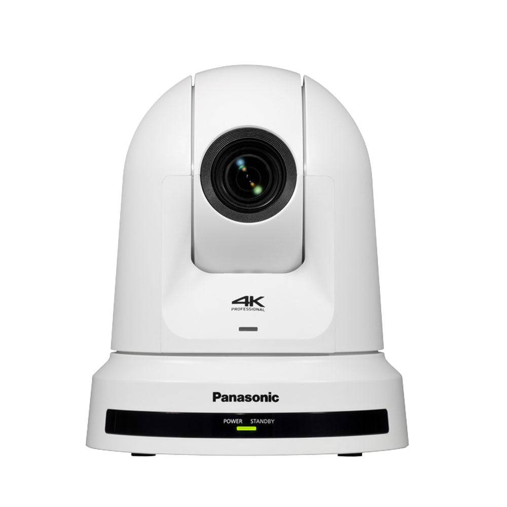 Panasonic AW-UE50 4K PTZ camera in white with front view, featuring SDI and HDMI outputs for professional video streaming and recording. – image 2