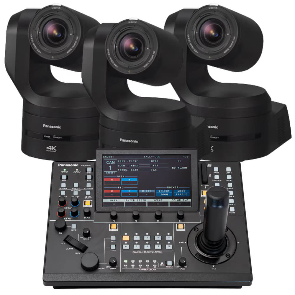 Panasonic AW-UE160 PTZ Camera 3-Pack (Black) + AW-RP150 Controller – image 1