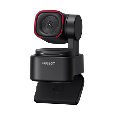 OBSBOT Tiny 3 Lite AI-powered 4K PTZ webcam with spatial audio, shown from an angled side view.
