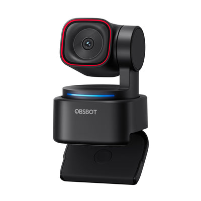 OBSBOT Tiny 3 Lite AI-powered 4K PTZ webcam with built-in spatial audio, shown from an angled side view with lighting.