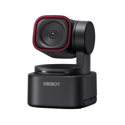 OBSBOT Tiny 3 Lite AI-powered 4K PTZ webcam with spatial audio, angled side view showing sleek design and lens.