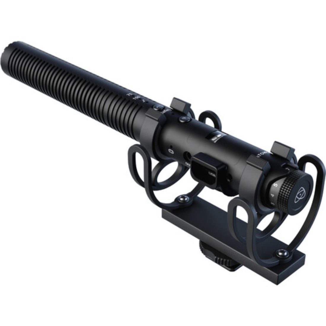 Atomos StudioSonic shotgun microphone mounted on a stand, showcasing professional audio recording gear for clear sound capture. – image 1