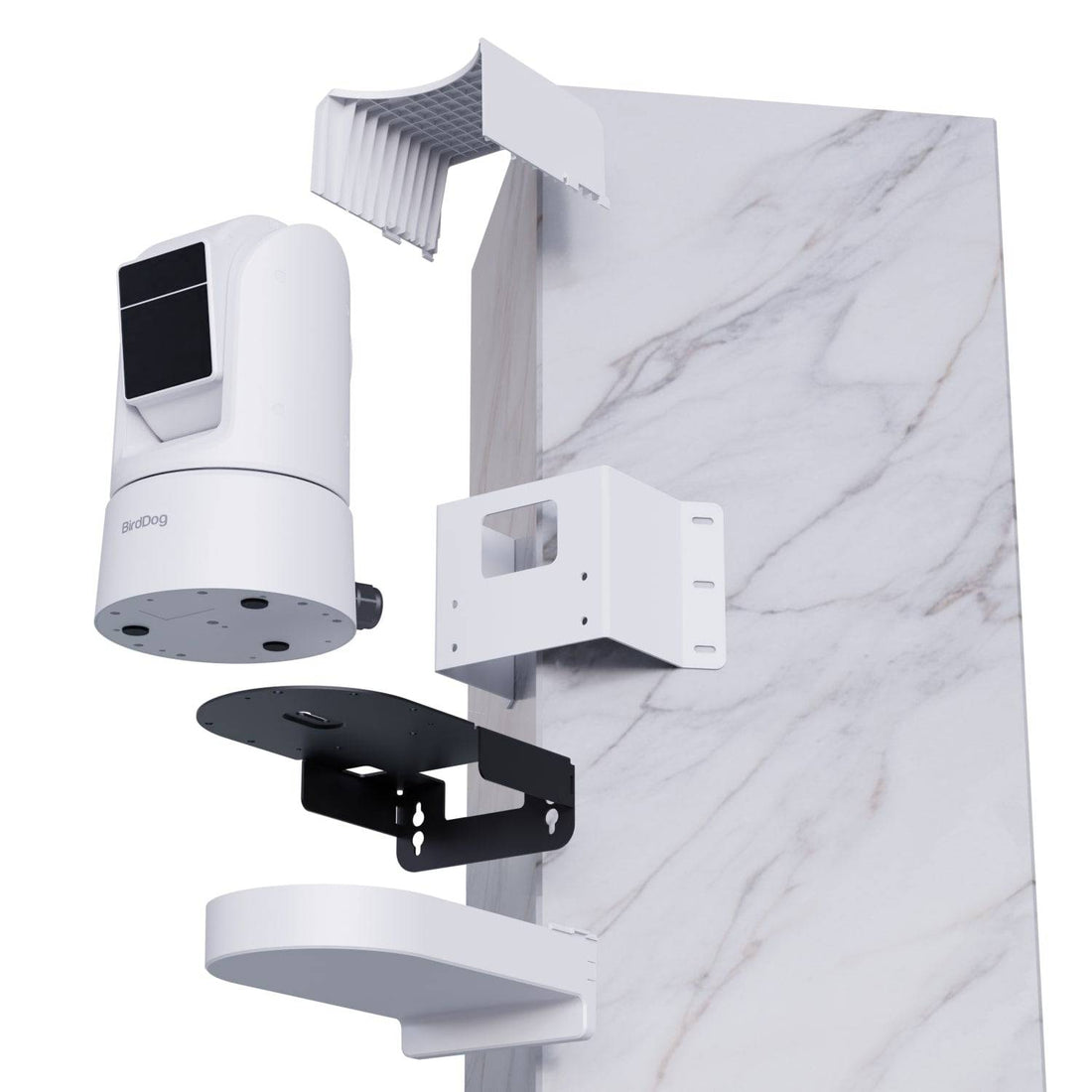 BirdDog O4 Corner Mount (White)  with black screen and mounting bracket on a marble wall. – image 2