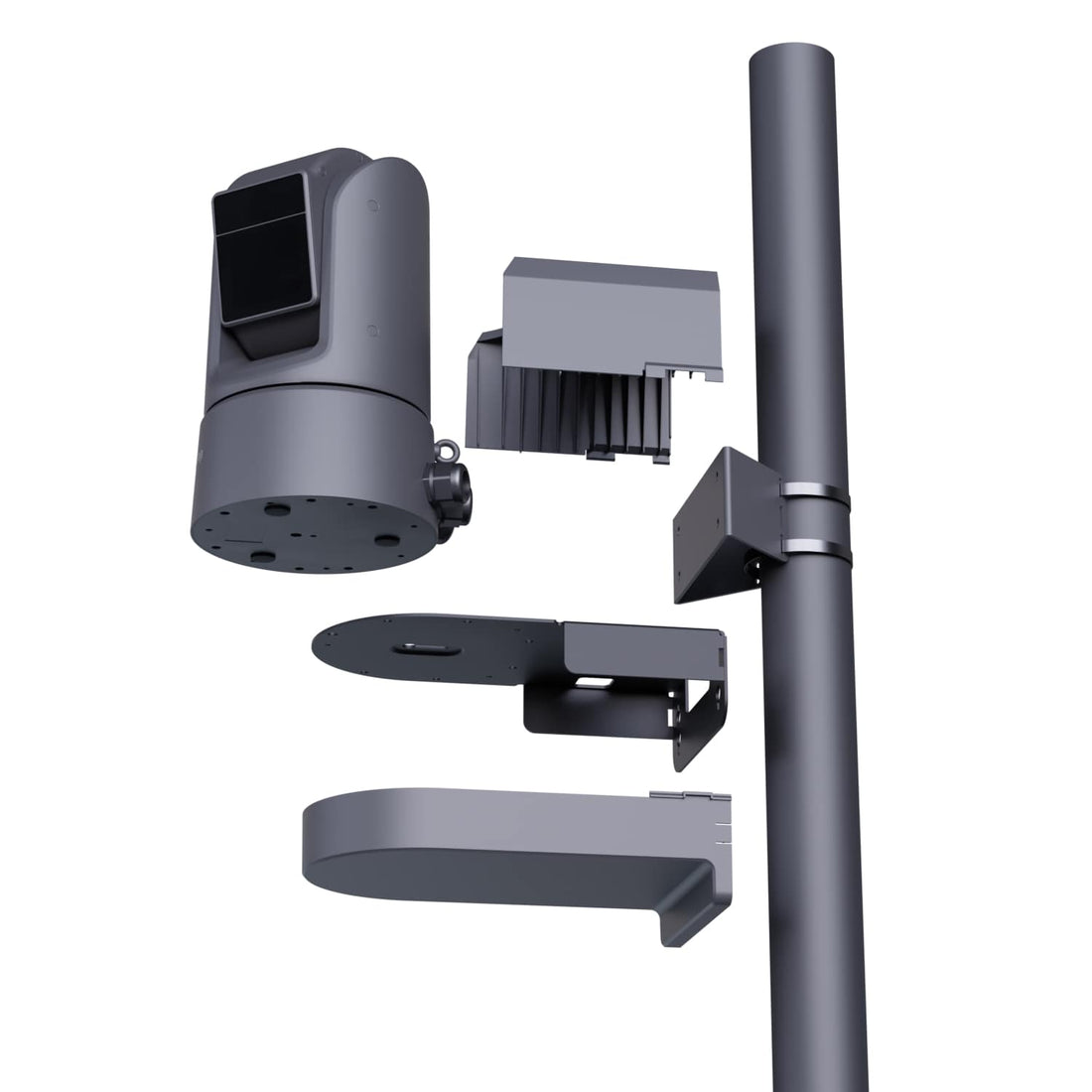 BirdDog O4 pole mount bracket in grey for outdoor PTZ cameras, showing mounting hardware and adjustable components. – image 2