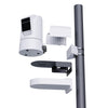 BirdDog O4 Pole Mount in white for outdoor PTZ camera, showing parts and mounting bracket for BirdDog PTZ camera setup.