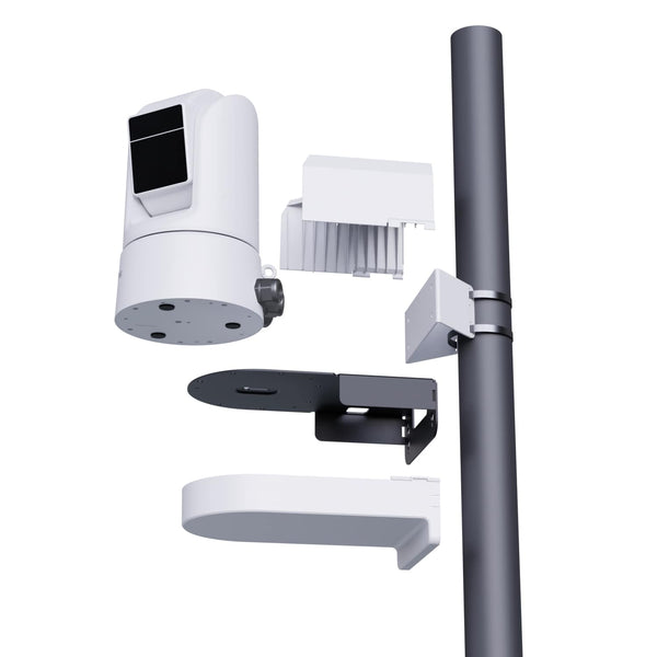 BirdDog O4 Pole Mount in white for outdoor PTZ camera, showing parts and mounting bracket for BirdDog PTZ camera setup. – image 2
