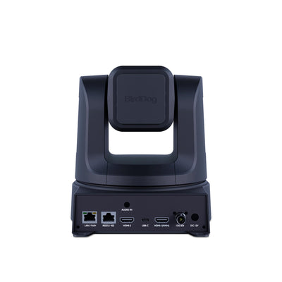 BirdDog X5 Ultra 20x 4K PTZ camera in black, showing the back with control ports and connectivity options.