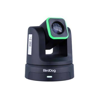 BirdDog X5 Ultra 20x 4K PTZ Camera in black, front view showing tilt and zoom capabilities, professional video camera for broadcasting.