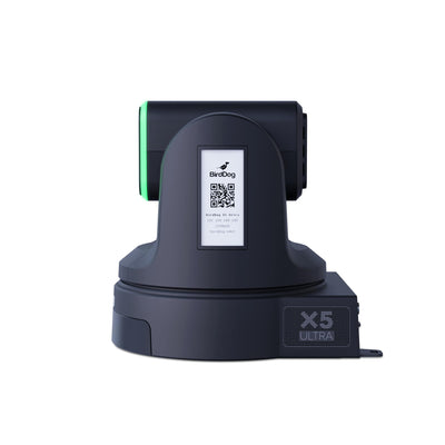BirdDog X5 Ultra 20x 4K PTZ camera in black, showing the left side with zoom lens and sleek design.