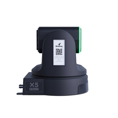 BirdDog X5 Ultra 20x 4K PTZ camera in black, showing the right side with lens and adjustable controls.