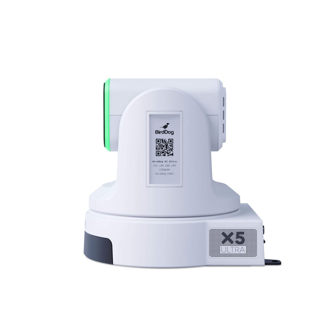 BirdDog X5 Ultra 20x 4K PTZ camera in white, showing the side view with lens and control buttons. – image 2