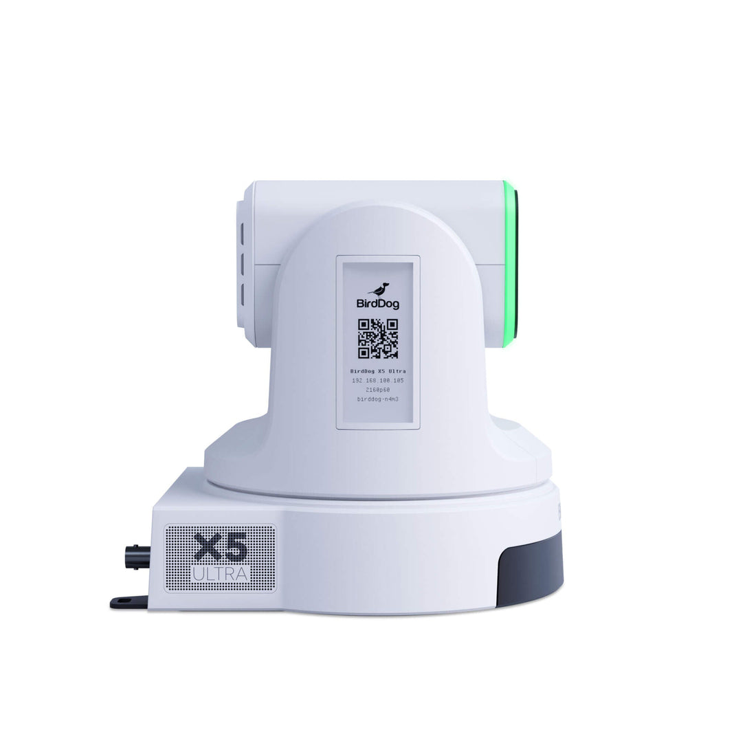 BirdDog X5 Ultra 20x 4K PTZ camera in white, showing the camera's front and side view with lens and control buttons. – image 4