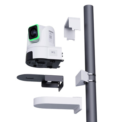 BirdDog XL Ultra Pole Mount (White) with camera, bracket, and pole on a white background
