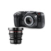 Blackmagic Design Pocket Cinema Camera 4K with 12mm lens, MFT mount, showing the compact digital cinema camera on a neutral background.
