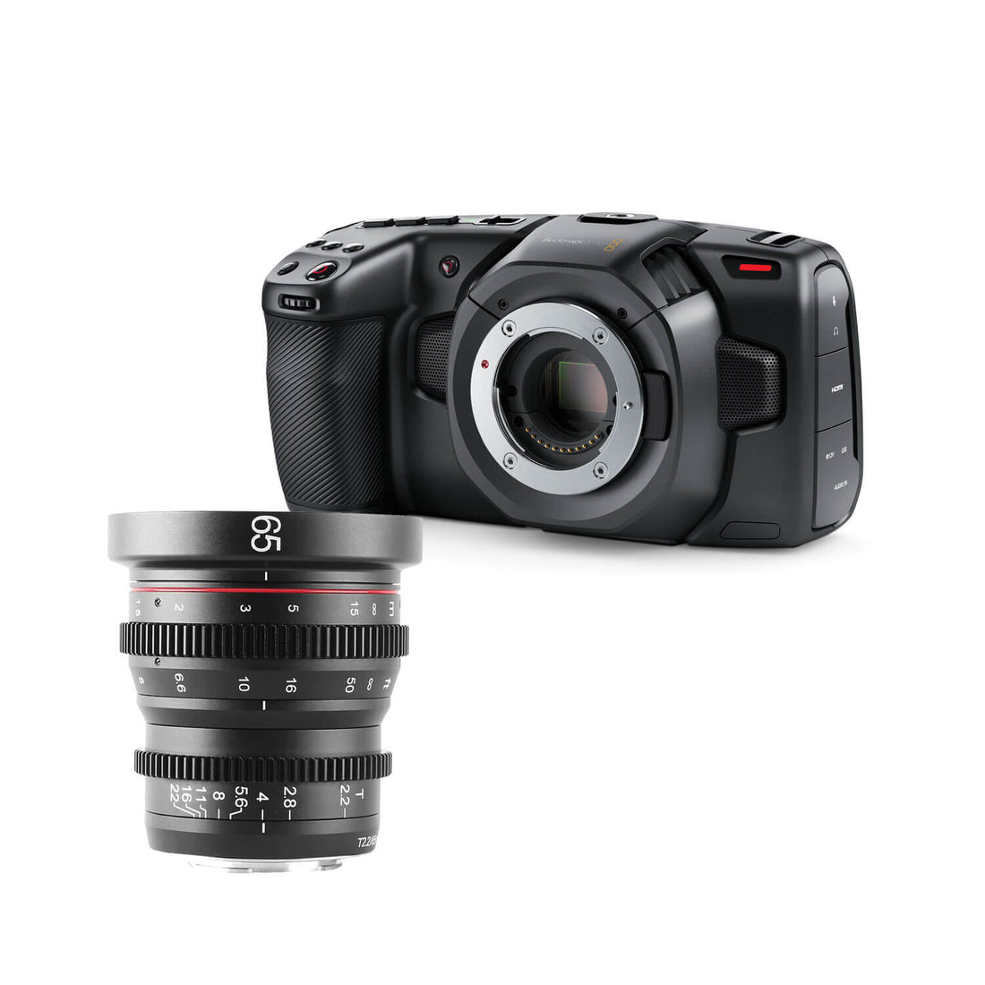 Blackmagic Design Pocket Cinema Camera 4K with 65mm MFT lens kit, showing the compact cinema camera and lens setup. – image 18