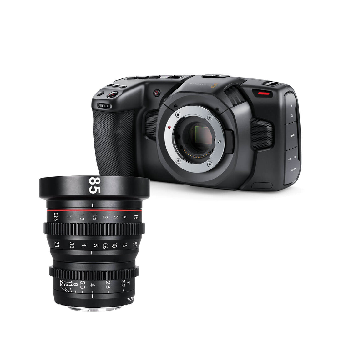 Blackmagic Design Pocket Cinema Camera 4K with 85mm lens in MFT mount, showing front view of the cinema camera with lens attached. – image 19