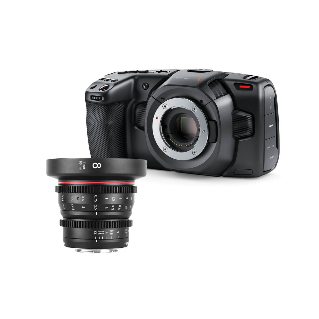 Blackmagic Design Pocket Cinema Camera 4K MFT lens kit showing camera body with 8mm lens attached and accessories. – image 12