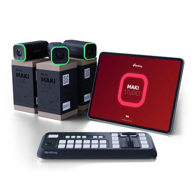 BirdDog Maki Live camera system with tablet and control pad on a white background