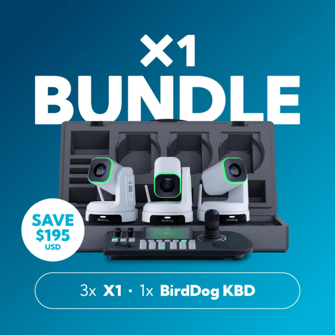BirdDog 3x X1 PTZ camera and white keyboard bundle showing three PTZ cameras and a compact keyboard for professional video production. – image 1