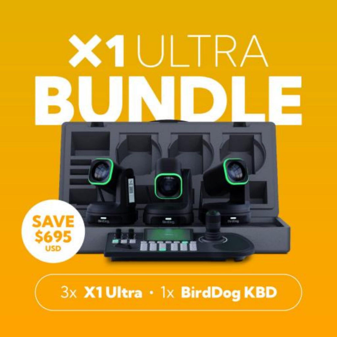 Three BirdDog X1 Ultra PTZ cameras with black KBD keyboard bundle, showing the sleek camera lenses and keyboard in a professional setup. – image 1