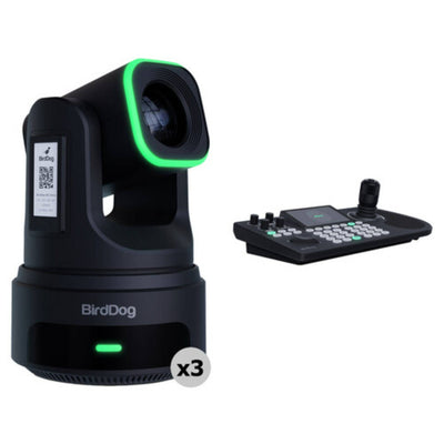BirdDog 3x X4E Ultra PTZ video cameras with black KBD controller, professional-grade video camera system for broadcasting and streaming